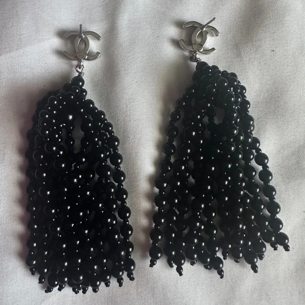 CHANEL Silver CC Black Beaded Tassel Drop Earrings